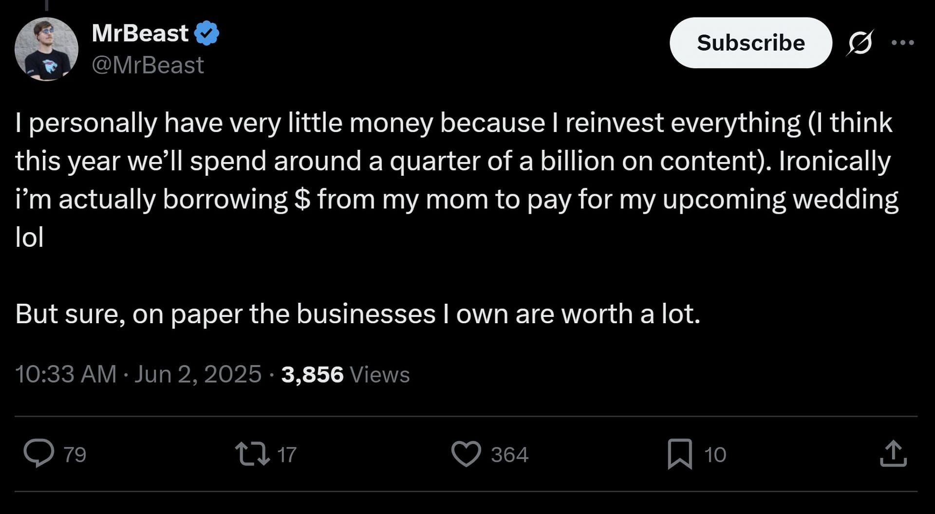 The YouTuber's X post, dated June 2, 2025, in which he responded to being one of the youngest billionaires (Image via X/@MrBeast)